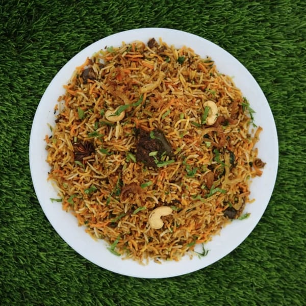 A white plate of colorful Indian biryani with cashews, herbs, and spices on green turf.